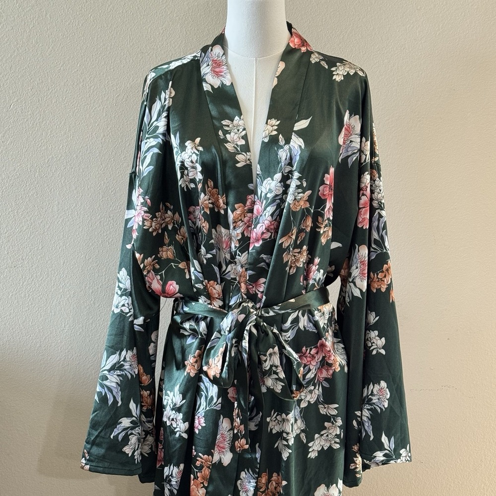 Floral Satin Kimono Robe 4XL Green Long Maxi Lounge Duster Belted Plus Size